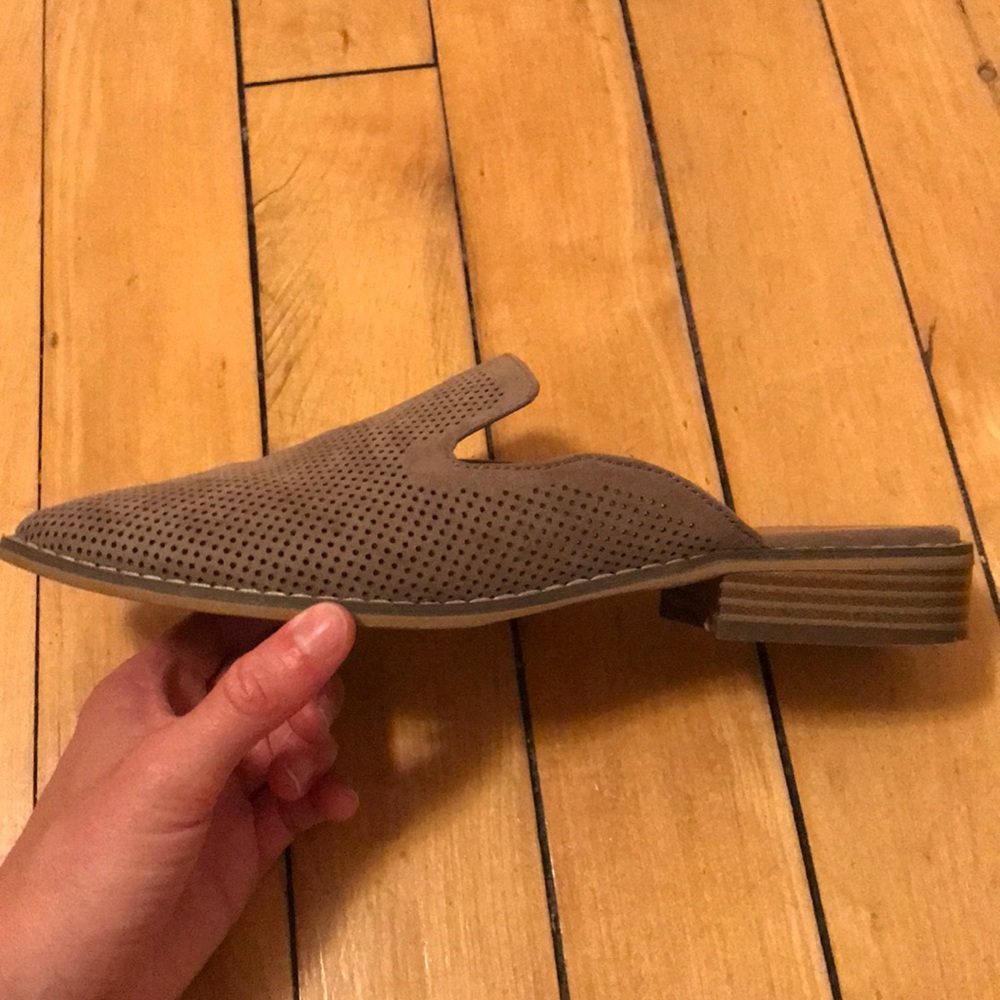 Taupe colored mules with 1/2” heel